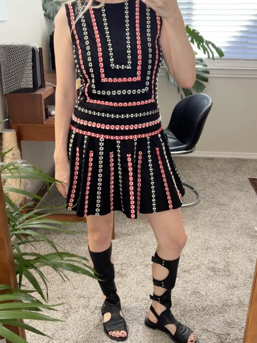 Red Valentino Fall 2013 Black Embroidered Flowers Drop Waist A-Line Mini Dress